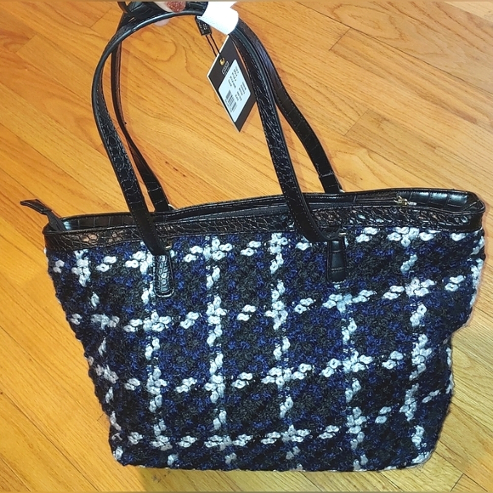 Ines Tote Black Navy Tweed Squares Medium Zippered Shoulder Purse Borsani